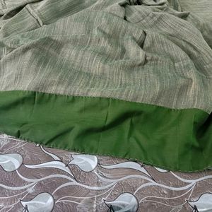 Olive Green Mulmul Cotton Saree With Tassels