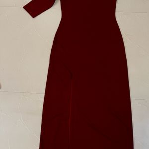 Maroon Solid One Shoulder Maxi Dress