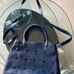 Elegant Blue Textured Spacious Handbag