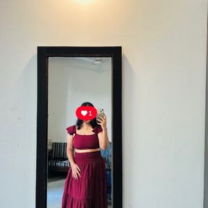 Maroon Square Neck top With Skirt