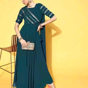 Trendy Saree Gown IN Bottle Green Color