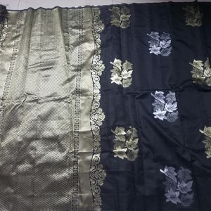 Party Wear Black Lichi Silk Saree