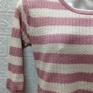 Pink And White Striped Woolen Top