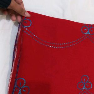 RED SAREE WITH BLUE SEQUIN WORK