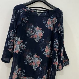 Sheer Floral Print Round Neck Top