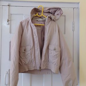 Light Pink Puffed Crop Zipper Hoodie Jackect