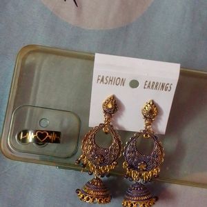 Beautiful Jhumki With Heart Line Ring For Men