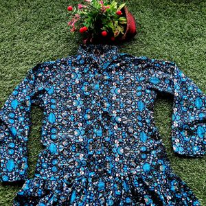 Blue Floral Printed Collared High-low Flared Tunic