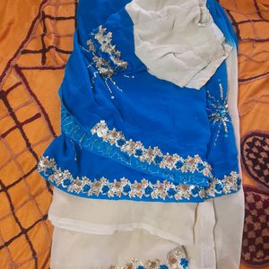 Sky Blue And Cream Color Saree With Blouse