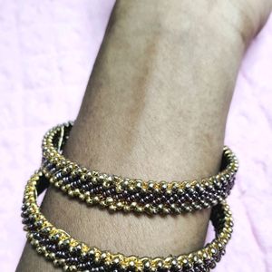 Purple And Golden Beaded Bangle Set