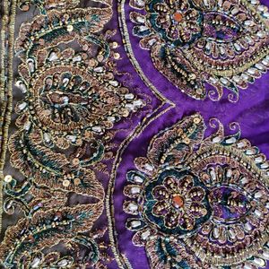 Heavy Purple Saree With Antique Golden Embroidery