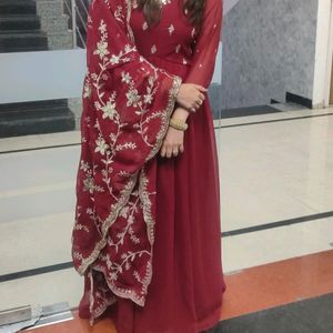 maroon heavily embroidered Anarkali Suit