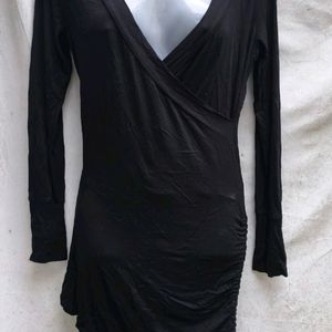 BLACK ONE SIDED RUCHED MINI WRAP BODYCON DRESS