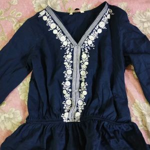 V Neck Navy Blue Cinched Waist Top