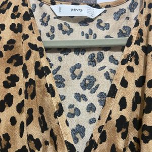 Beige & Black Animal Print Wrap Dress