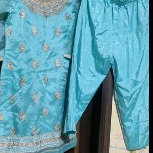 Blue Embriodey Kurta Pant Duptta Set