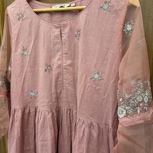 Peach Organza Sleeve Embroidered Kurta