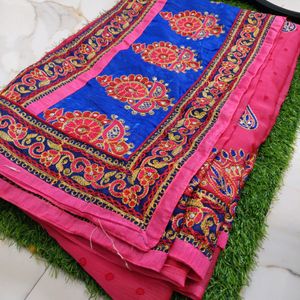 Beautiful Work Pink Saree Broad Blue Border 💙