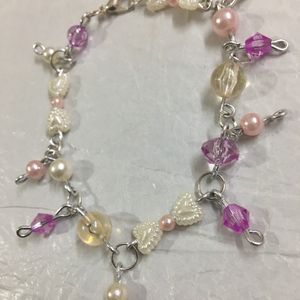 Purple Crystal,Pearl Heart And Pink Bead Bracelet