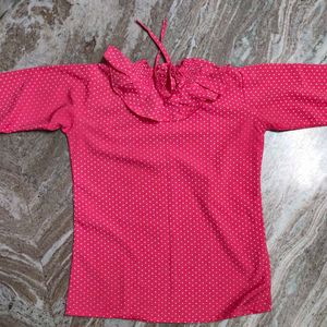 PINK & WHITE POLKA TOP WITH TURTLE NECK