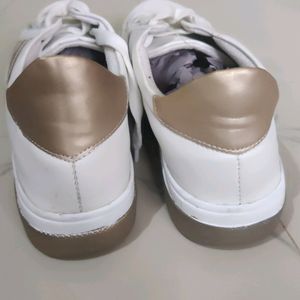 New White And Gold Women Sneakers With Tag