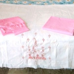 3 piece cotton embroidery pink&white suit(unstitcd