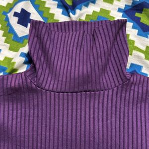 Purple Ribbed Turtle Neck Top