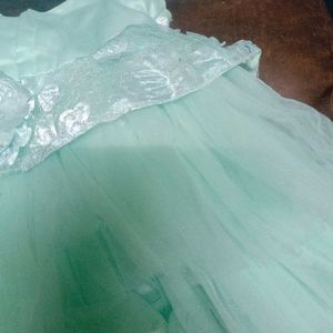 Frilled NetSatin Embroidery FreshPista Color Frock