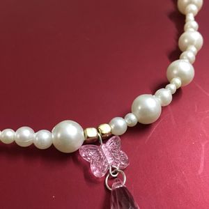 Pearl Bead W Butterfly&Teardrop Pendant Necklace