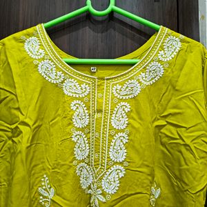 Chickenkari Work Lime Green Short Kurti XL Size