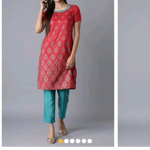 Aurelia Red Glitter Print Kurta -Green Trousers Se