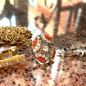 Jewellery Set Combo Of Silver Ring, Gold Necklac