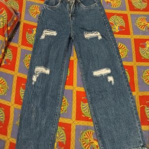 High Rise Distress Flared Blue Denim Jeans