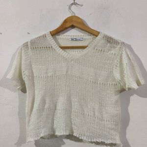 Off White Net Crop Top