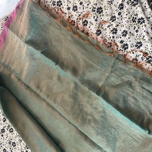 Green Tissue Saree With Pink Border