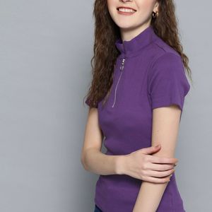 Mast & Harbour Women Purple SolidHigh Neck T-shirt