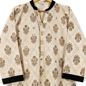 Cream And Brown Printed Collar Neck Kurti (Women)