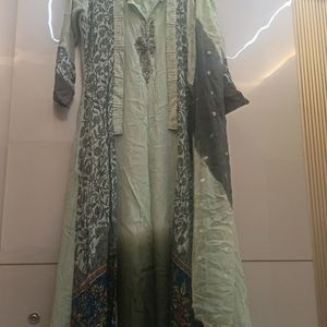 double shade gown with joint shrug and dupatta