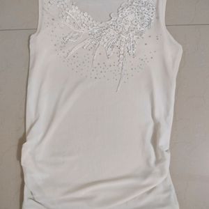 Off White Sleeveless Embroidered Net top