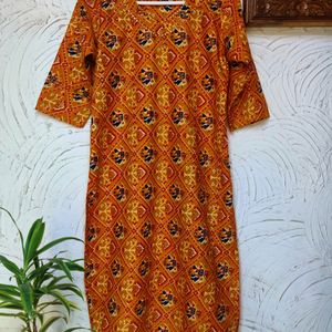 🧡 Kurta in Navy Blue & Gold print Orange