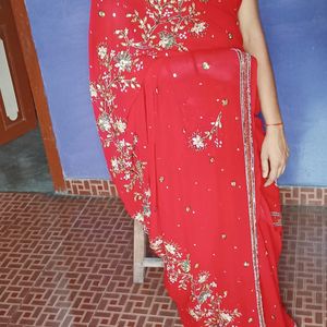 Red Saree With Full Embroidery Design