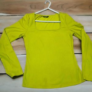 Deep Square Neck Ribbed T-Shirt in Lemon Yellow