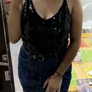 Black Sequin Backless Top