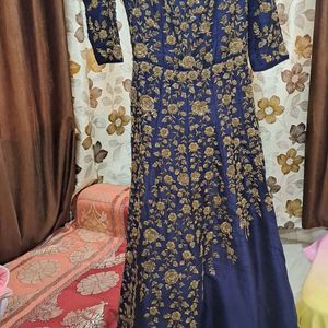 Navy Off-Shoulder Gown with Zardosi Work- Silk