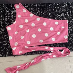 Cute one shoulder tie around polka dot crop top