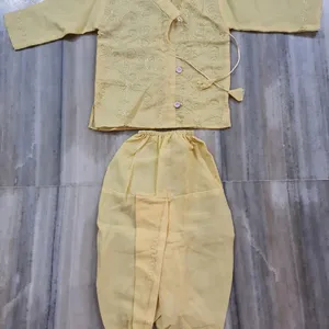 Light Cream Yellow Boys Cotton Dhoti & Kurta Set