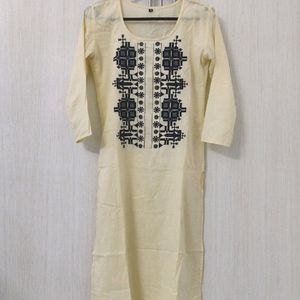 Pastel Yellow Scooped Neckline Embroidered Kurti