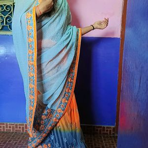 Orange And Silver Colour Saree