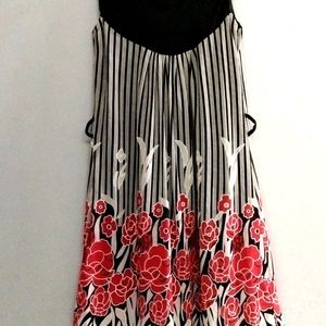 Beautiful Black And White Dress With red Flowers Print