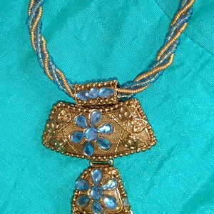 Light Blue & Golden Work Necklace With Earrings - Not Used